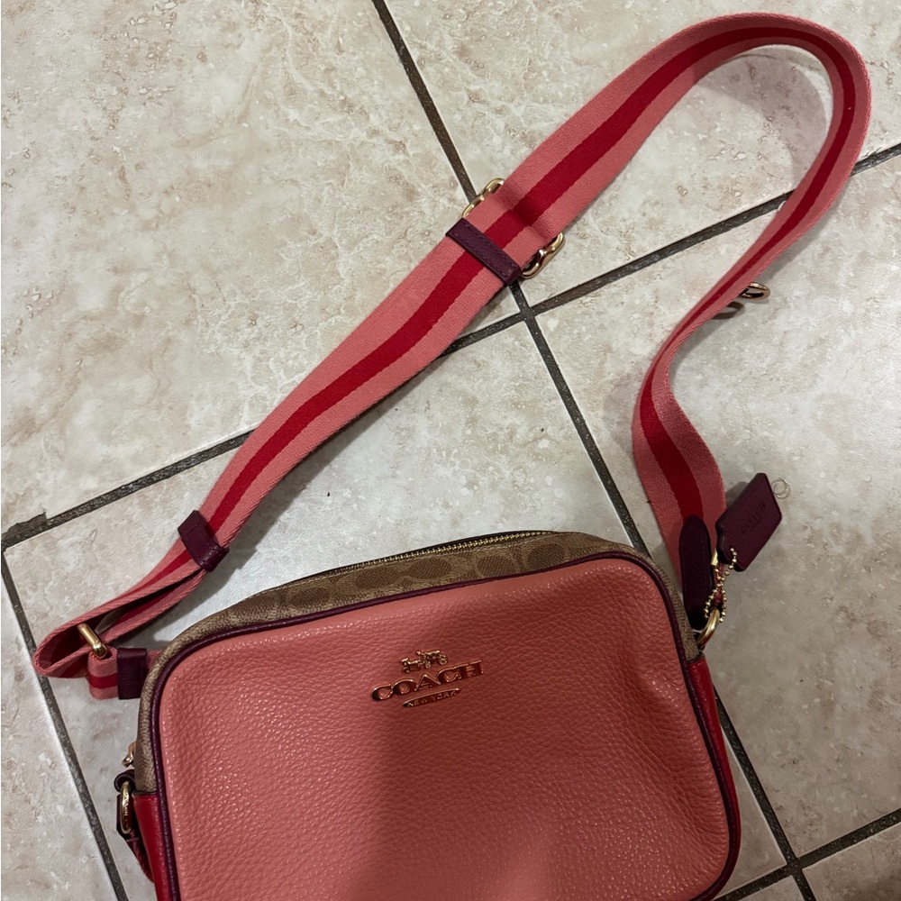 Coach Pebbled Leather Crossbody Bag in Coral Pink